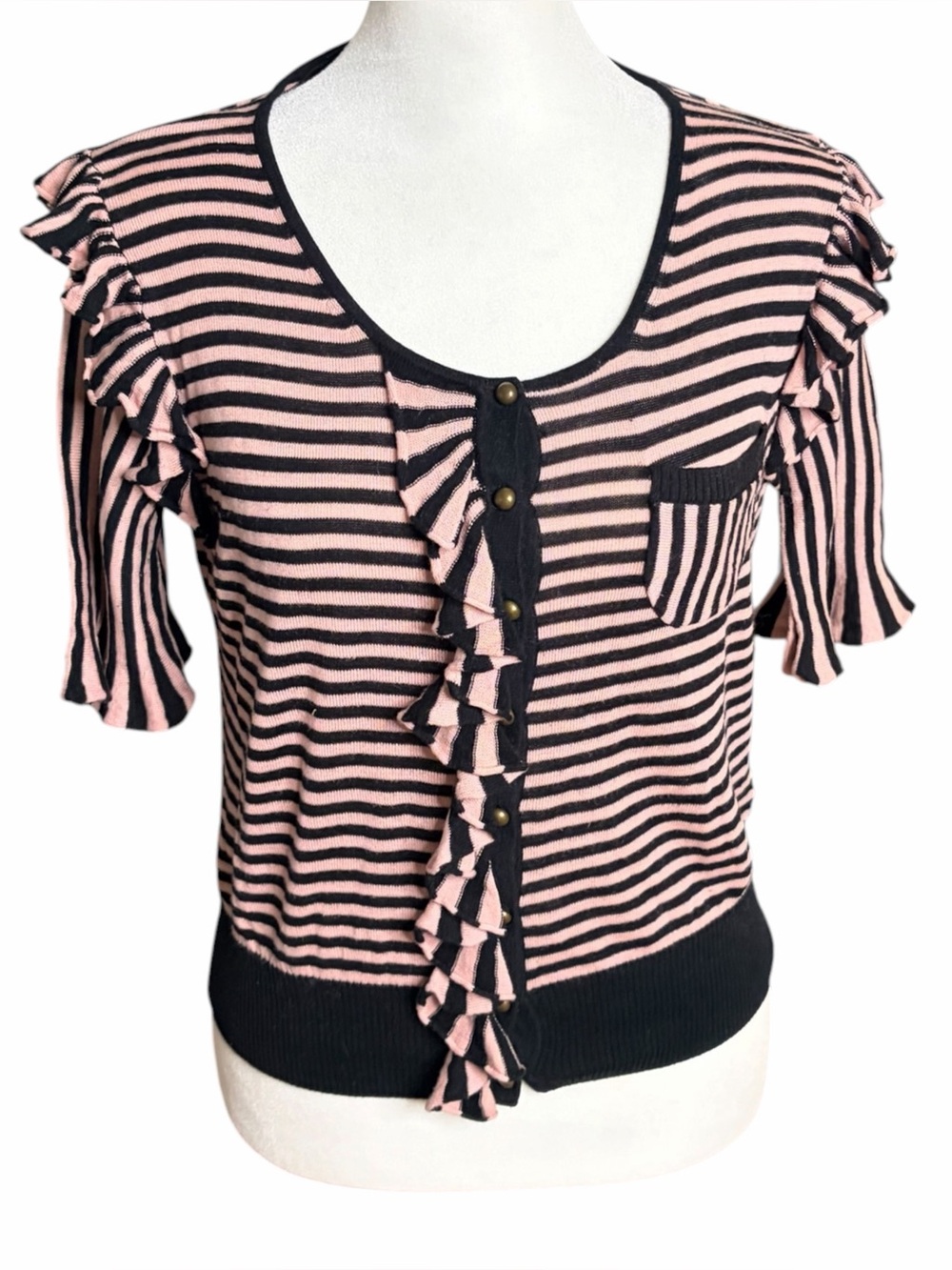 French Connection Blue and Pink Ruffled Blouse
